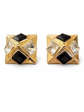 Vintage Style Gold Tone Statement Earrings Black & Crystal Rhinestone Hvy Wt NWT